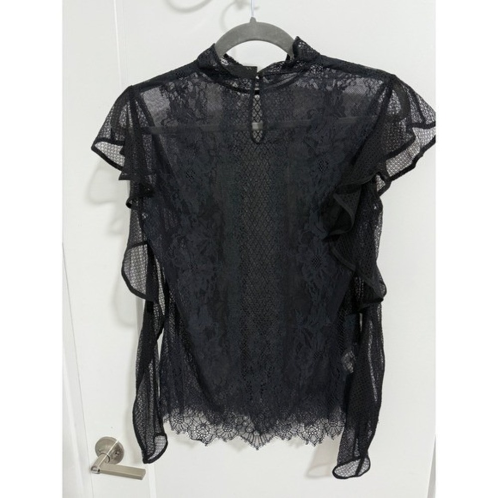 BCBGMaxAzria Sabian Black Lace‎ Ruffle Cold Shoulder Mock Neck Blouse Top XXS - Picture 11 of 12